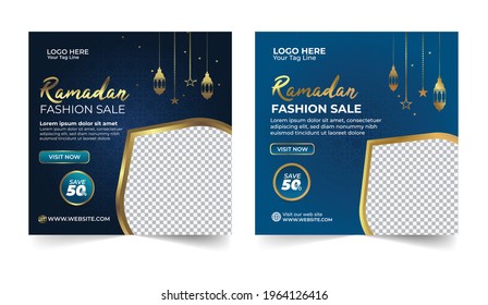 Ramadan sale social media post template banners ad, Editable illustration, Islamic Holy Month of Ramadan Sale Banner with Illuminated Golden Lanterns,