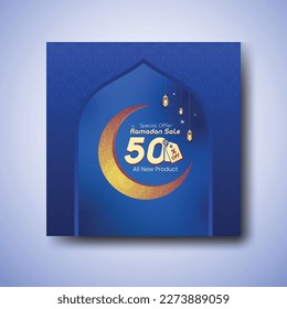 Ramadan sale special offer in blue background with 50% off, crescent moon, lantern, stars, dome mosque, 
Islamic pattern. for social media posts.