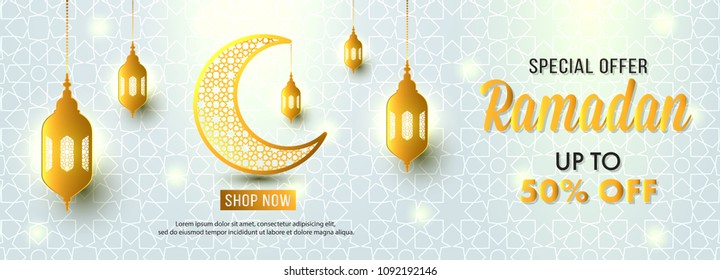 Ramadan Sale special offer web banner design with beautiful crescent moon gold color and white background golden Upto 50% off design