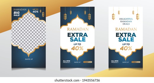 Ramadan sale stories post template banners ad. Ramadan social media post template with blank areas for images or text. Editable vector illustration.