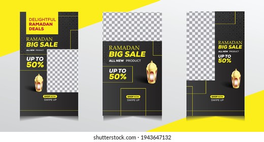 Ramadan sale stories post template banners ad. Ramadan social media post template with blank areas for images or text. Editable vector illustration.
