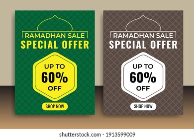 Ramadan sale template on green and light brown background. Great vectors for flyers, banners, web, sales promotion, product marketing, online shops, social media etc.