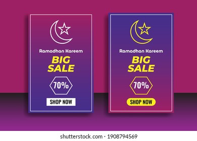 Ramadan sale template in red and blue gradient background. Great vector for banner, flyer, sales promotion, product marketing, online shop web etc.