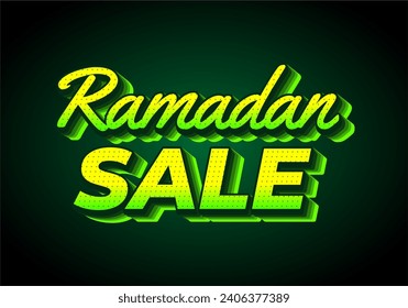 Venta de Ramadán. Diseño de efecto de texto en apariencia 3D. Color verde amarillo. Fondo oscuro