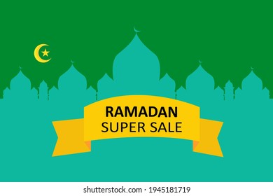 Ramadan-Verkaufsvektorkonzept: Ramadan Superverkauf-Text auf gelbem Band