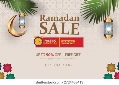 Ramadan Sale Vector Template Festive Ramadan celebration, featuring traditional Islamic elements and Arabic lamps. Suitable for banners, posters, and internet advertising.