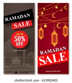 Ramadan sale vector web poster designs set with mosque and lantern elements in background for shopping discount promotion. Vector illustration.
