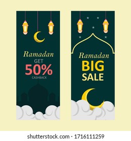 ramadan sale vertical banners use dark green with illustrations of clouds, lanterns, moon, stars and mosque silhouettes