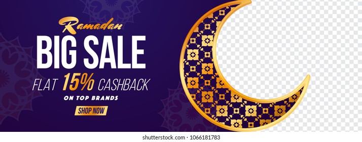 Ramadan Sale, web banner design with beautiful crescent moon in golden and purple color and space for your product image. Upto 15% cashback offer design.