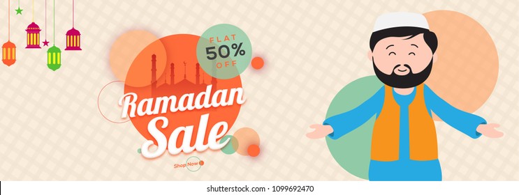 Ramadan sale, web banner design with flat 50% off offer and illustration of a Islamic man. 