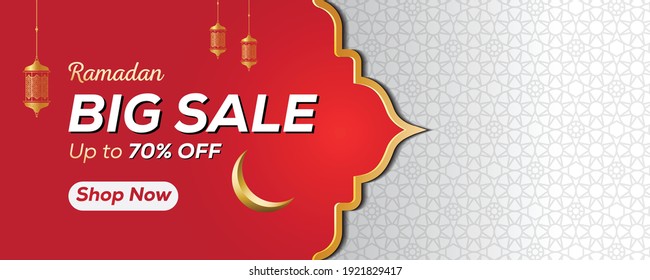 Ramadan Sale, web banner design with beautiful crescent moon and lantern in red color and space for your product image. Upto 70% off. Vector