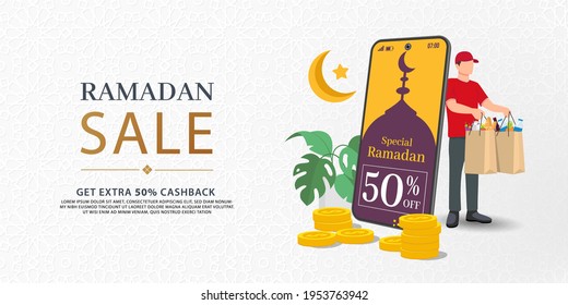 Ramadan Sale, web banner design with beautiful crescent moon in golden and purple color and space for your product image. Upto 50% cashback offer design.
