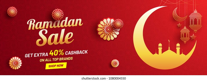 Ramadan sale, web header or banner design with golden crescent moon, intricate lanterns and floral patterns on red background.