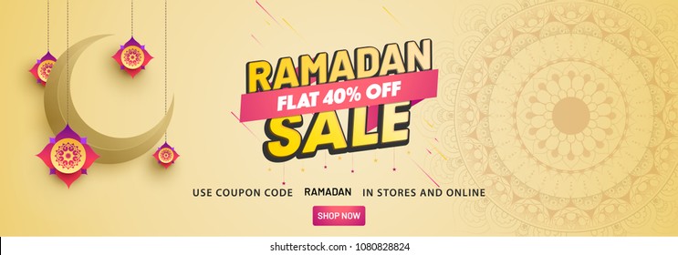 Ramadan Sale, Web Header Or Banner Design With Crescent Moon And Flat 40% Off Offers On Floral Pattern Background. 