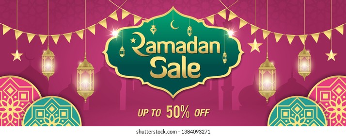 Ramadan Sale, web header or banner design with golden shiny frame, arabic lanterns and Islamic Ornament on purple background. Up to 50% discount offer