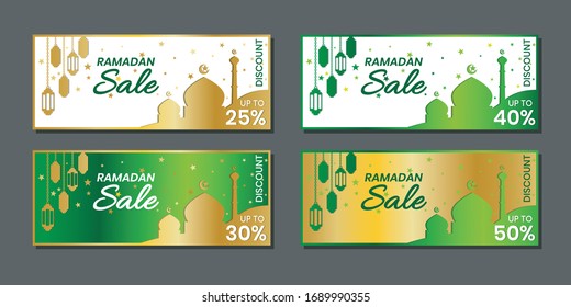 Ramadan sale, web header or banner with golden shiny frame