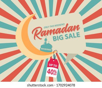 Ramadan Sale, web header or banner design with crescent moon and flat 40% off offers on Sunlight retro background.
