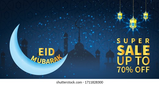 Ramadan Sale, web header or banner design with moon and 70% off offers background.