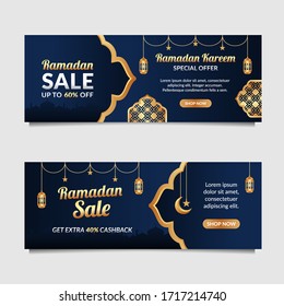 Ramadan sale web header or banner design with golden shiny frame, Arabic lanterns, stars, moon and Islamic ornament on blue background