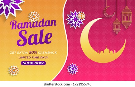 Ramadan sale, web header or banner design with golden crescent moon, lanterns and floral patterns background