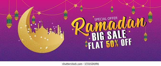 Ramadan Sale, web header or banner design with  with illustration of writing ramadan sale and flat 70% off offers on floral pattern background.