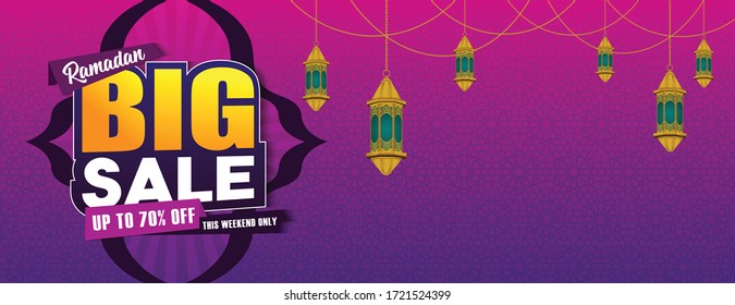 Ramadan Sale, web header or banner design with  with illustration of writing ramadan sale and flat 70% off offers on floral pattern background.