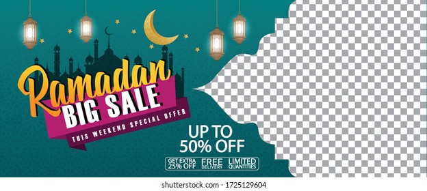 Venta de Ramadán, cabecera web o diseño de banner con ilustración de la escritura de la venta de ramadán y ofertas de piso 50% off sobre fondo de patrón floral.