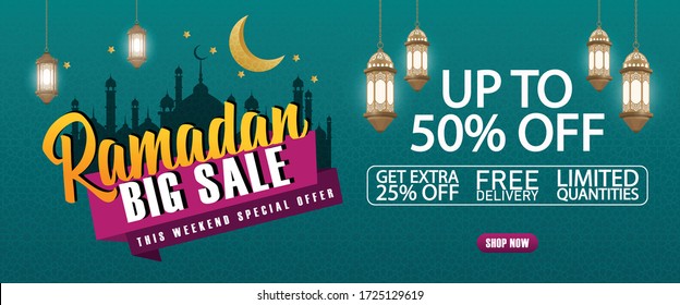 Ramadan Sale, Web Header Or Banner Design With With Illustration Of Writing Ramadan Sale And Flat 50% Off Offers On Floral Pattern Background.