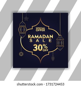 Ramadan Sale, web header or banner with golden shiny frame, discount and best offer tag, label or sticker set on occasion of Ramadan Kareem and Eid Mubarak, vector illustration