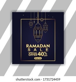 Ramadan Sale, web header or banner with golden shiny frame, discount and best offer tag, label or sticker set on occasion of Ramadan Kareem and Eid Mubarak, vector illustration