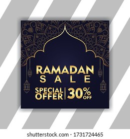 Ramadan Sale, web header or banner with golden shiny frame, discount and best offer tag, label or sticker set on occasion of Ramadan Kareem and Eid Mubarak, vector illustration