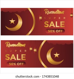 Ramadan Sale, web header or banner design with golden shiny frame, Eps 10 vector