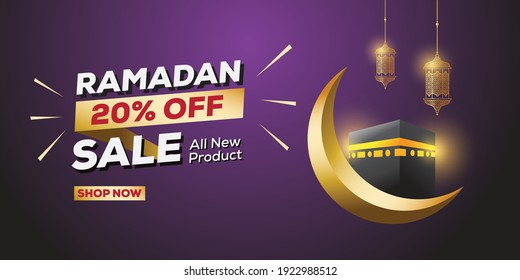 Ramadan Sale, web header or banner design with crescent moon and 20% Off discount. Vector