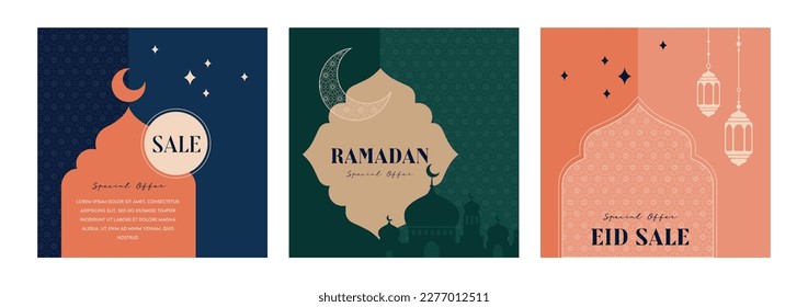 Ramadan Sale, web header or banner design set with minimal design poster with moon,  arabic lanterns and mosque dome 