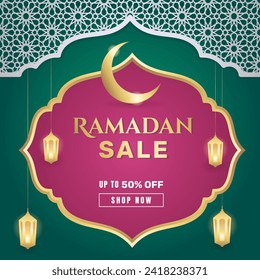 Ramadan Sale, web header or banner design with golden shiny frame, arabic lanterns and Islamic Ornament on green background. - Vector.