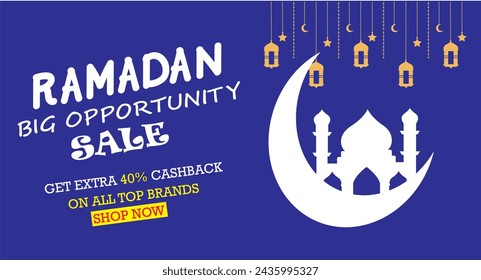 Ramadan sale, web header or banner design with white crescent moon, ramadan big oppertunity sale get extra 40% on all brands with shop now button.