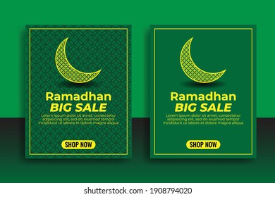 Ramadan sales template green background and moon sketch at the top center. Great vector for banner, flyer, sales promotion, product marketing, online shop web etc.
