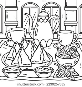 Ramadan Sambusa, Dates and Tea Coloring Page 