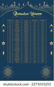 ramadan schedule 2023 for prayer times in ramadan. ramadan kareem fasting and prayer time guide, ramadan kareem banner with 3d metallic golden color gradient. 