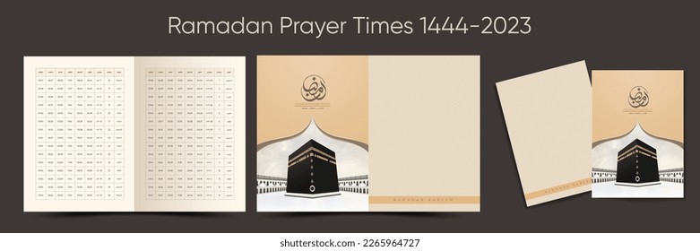 Ramadan schedule for Prayer times in Ramadan, brochure mockup, Arabic translation:(Ramadan Kareem calendar Planner 1444 - 2023) ready for print.