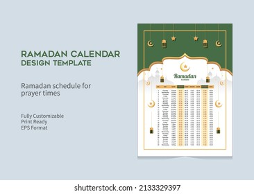 Ramadan Schedule for Prayer times in Ramadan. Ramadan Kareem Timing Calendar, Ramadan Calendar Schedule. Iftar and Prayer time table Template design.