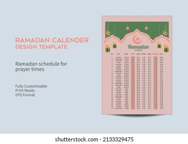 Ramadan Schedule for Prayer times in Ramadan. Ramadan Kareem Timing Calendar, Ramadan Calendar Schedule. Iftar and Prayer time table Template design.