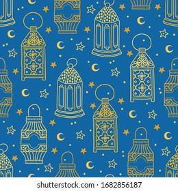 Ramadan seamless pattern with contour lanterns, stars and moon on blue background. Perfect for wallpaper, wrapping paper, greeting card, islamic holidays. Vector illustration