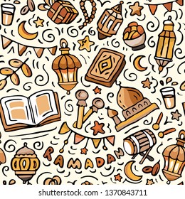Ramadan seamless pattern. Cute Doodle Print for Eid al Fitr and Eid al Adha. 