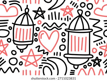 Ramadan seamless pattern in doodle outline style.