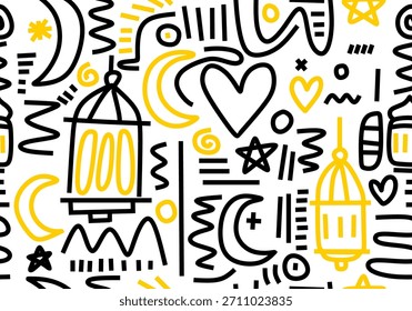 Patrón sin fisuras de Ramadán en estilo doodle.