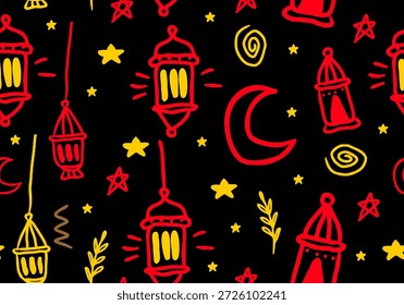 Nahtloses Ramadan-Muster mit Kritzeln, Cartoon-Objekten für Tapeten, Scrapbooking, Verpackungen, Stoffdrucken.
