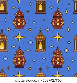 Ramadan seamless pattern with holiday lamp, stars in pixel style on a blue background. Vector illustration