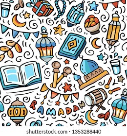 Ramadan seamless pattern. Islamic symbol items: lanterns, Quran, mosque, drum, water for Iftar, moon, date fruits, stars, garland, beads. Middle Eastern background for Eid al Fitr and Eid al Adha
