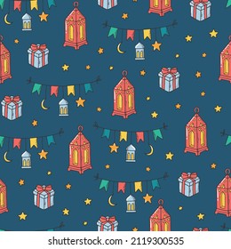 ramadan seamless pattern with lanterns, garlands and stars on blue background. Wrapping paper, background, wallpaper, scrapbooking, textile prints, packaging, etc. EPS 10